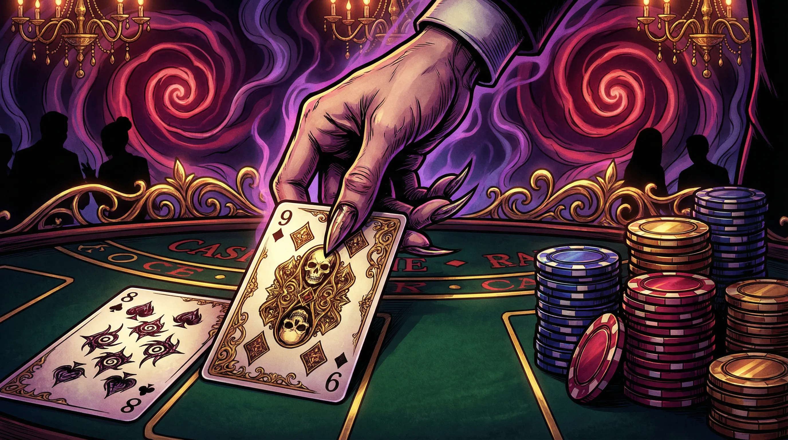 Mesa de bacará elegante com fichas coloridas e cartas