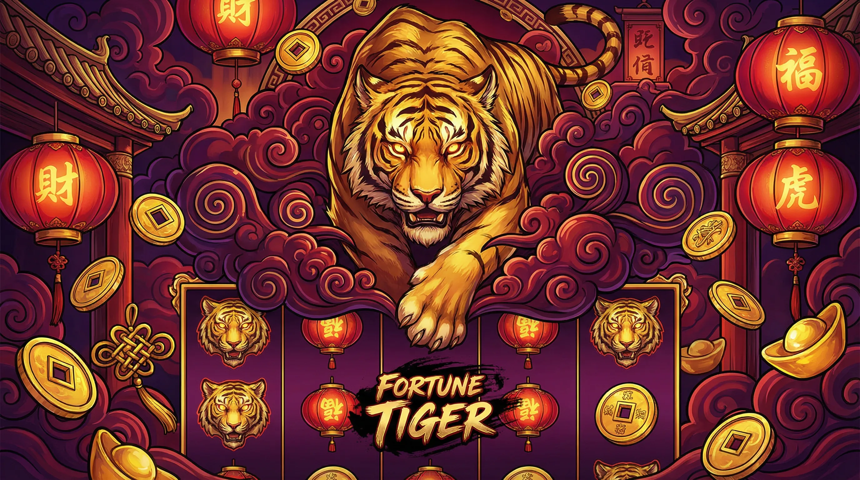 Fortune Tiger com tigre dourado e lanternas chinesas